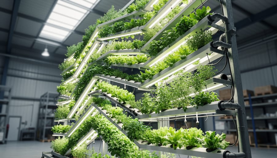 Zigzag multi-tier hydroponic Z-farming system with healthy leafy greens and herbs inside an urban warehouse greenhouse space.