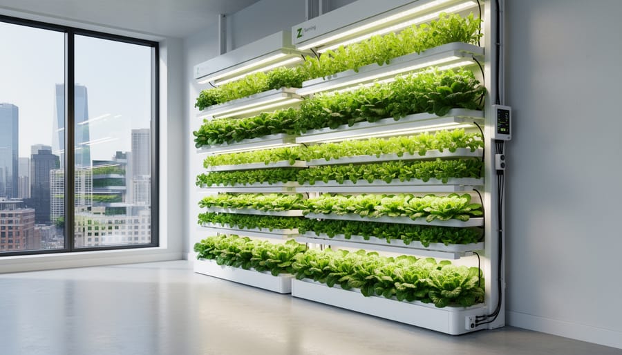 Lush leafy greens growing in stacked channels inside a modern vertical hydroponic farm wall.