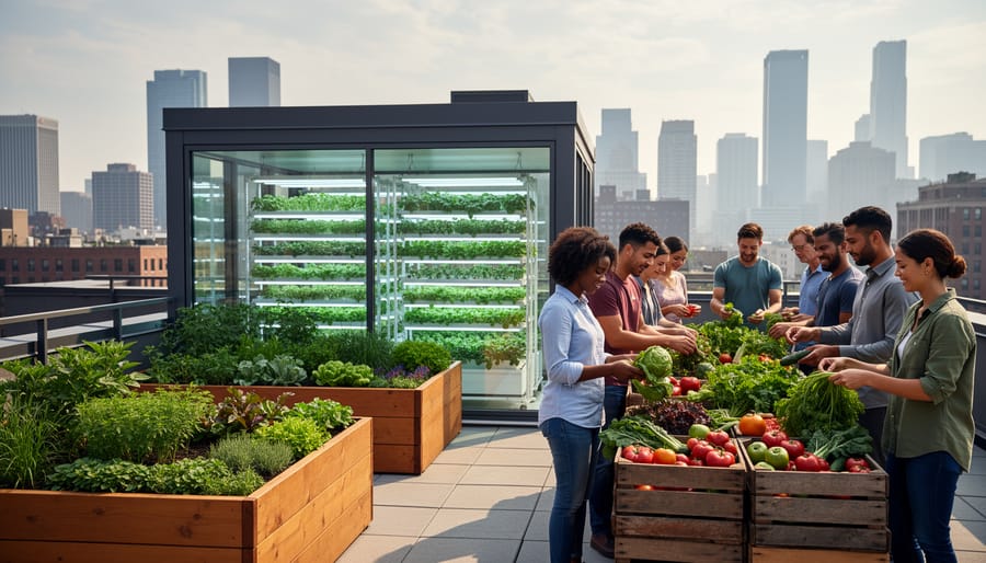 Urban farming feature showing a rooftop garden with raised beds, an indoor vertical farm with stacked grow lights, and people gathered around fresh produce crates in a modern city setting.