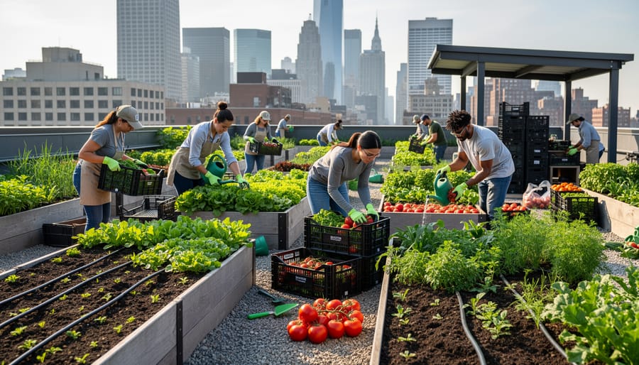 Rooftop urban farm with leafy greens and workers carrying harvested produce crates
