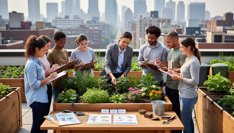 Urban gardening consultant team planting seedlings in a community courtyard garden