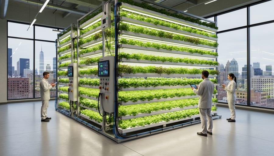 Vertical farm grow room with stacked shelves of hydroponic leafy greens under LED lights